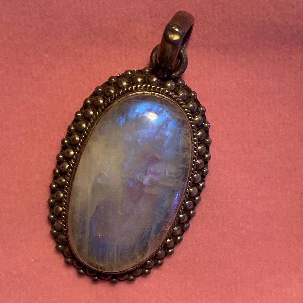 Large Vintage Fiery Sterling Set Moon Stone Pendant